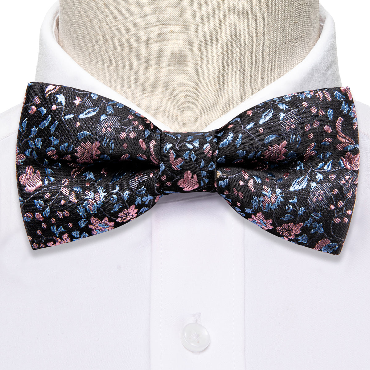 Black Pink Floral Silk Children Bow Tie Set - GentCrest - View 4
