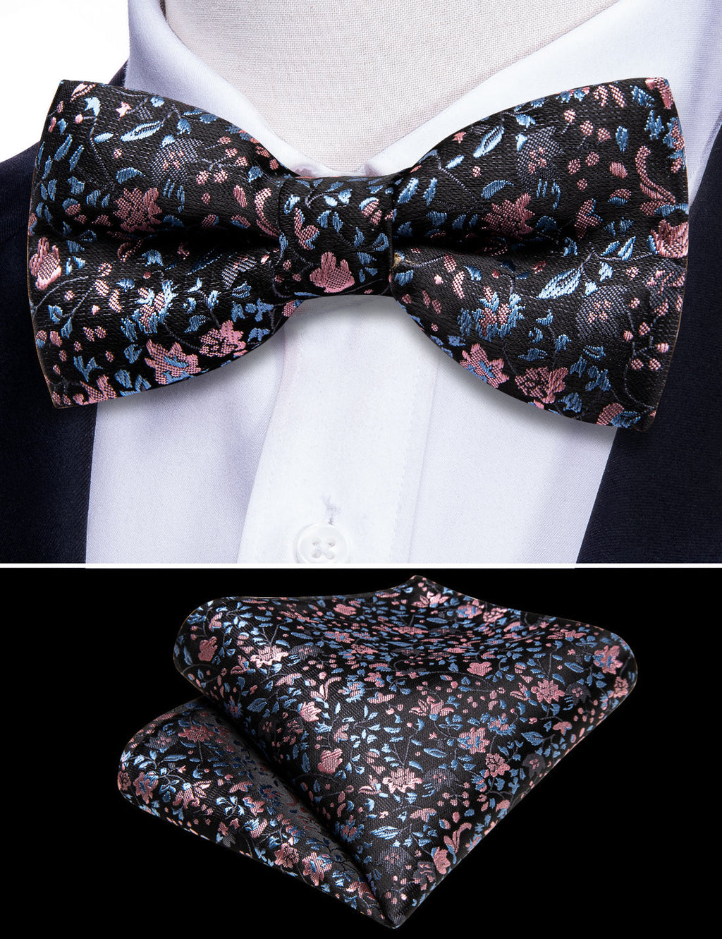 Black Pink Floral Silk Children Bow Tie Set - GentCrest - View 5