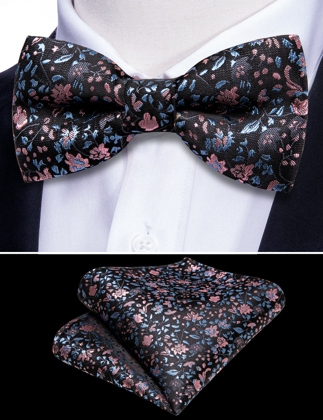 Black Pink Floral Silk Children Bow Tie Set - GentCrest - View 5