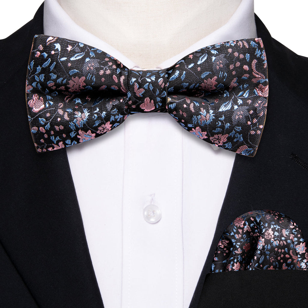 Black Pink Floral Silk Children Bow Tie Set - GentCrest - View 2