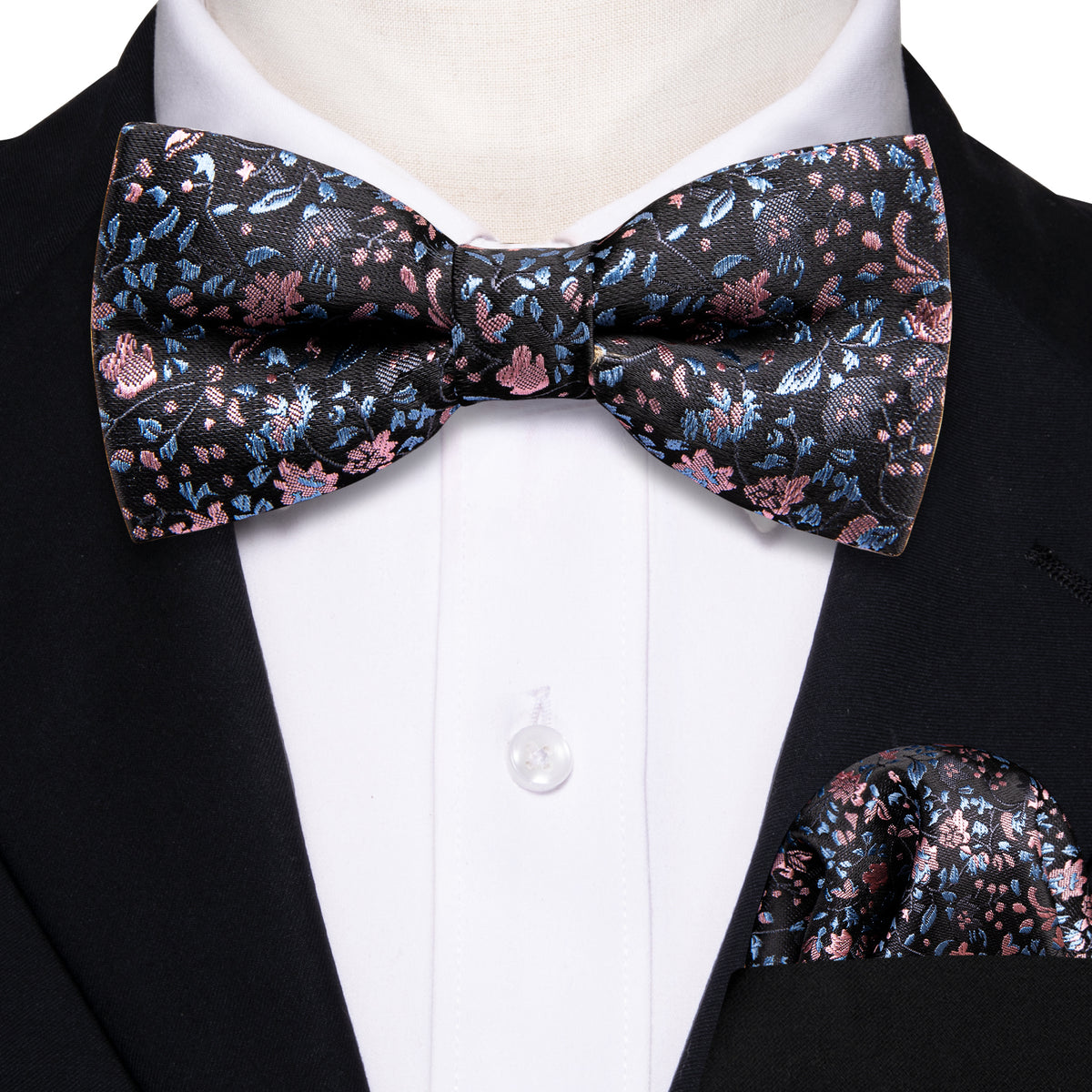 Black Pink Floral Silk Children Bow Tie Set - GentCrest - View 2