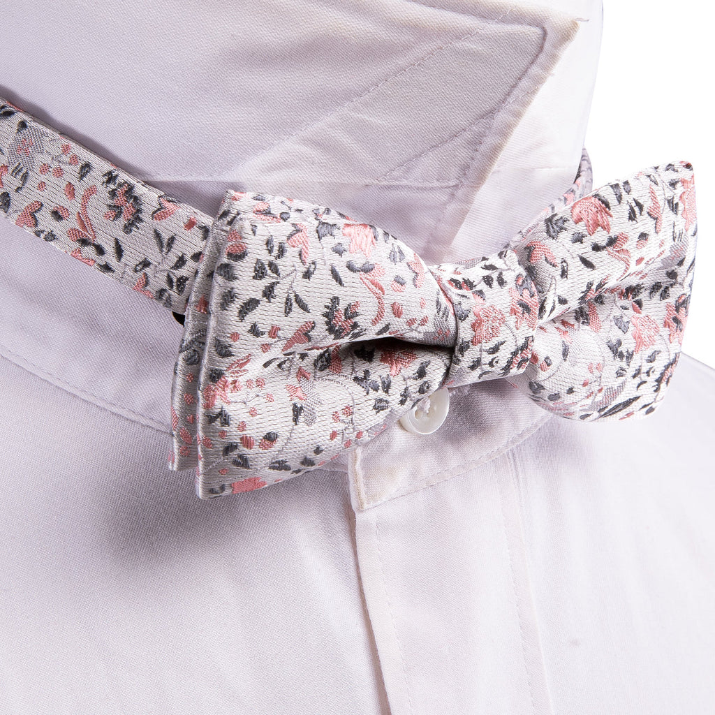 White Pink Floral Silk Children Bow Tie Set - GentCrest - View 3