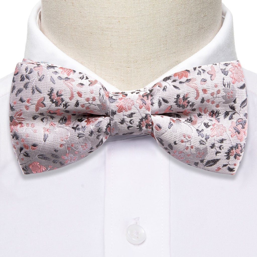 White Pink Floral Silk Children Bow Tie Set - GentCrest - View 4