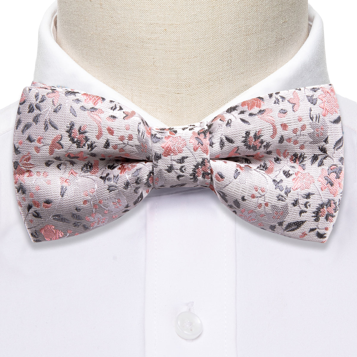 White Pink Floral Silk Children Bow Tie Set - GentCrest - View 4