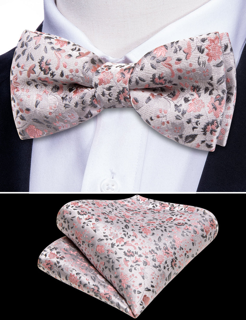 White Pink Floral Silk Children Bow Tie Set - GentCrest - View 5