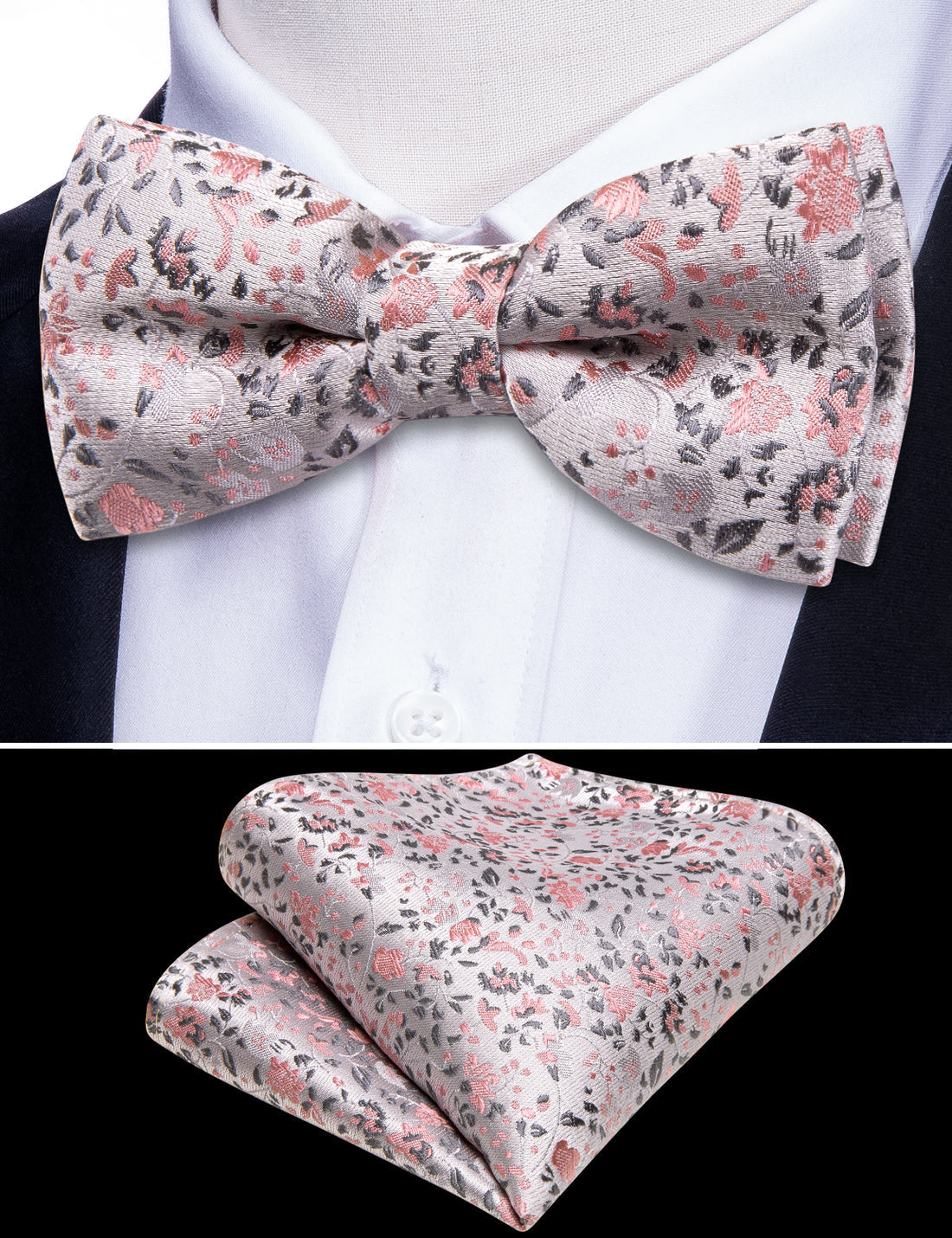 White Pink Floral Silk Children Bow Tie Set - GentCrest - View 5