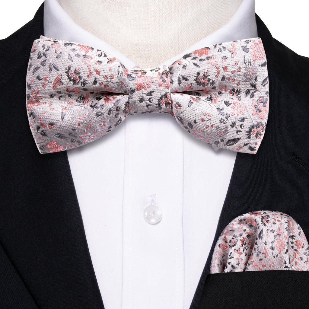 White Pink Floral Silk Children Bow Tie Set - GentCrest - View 2