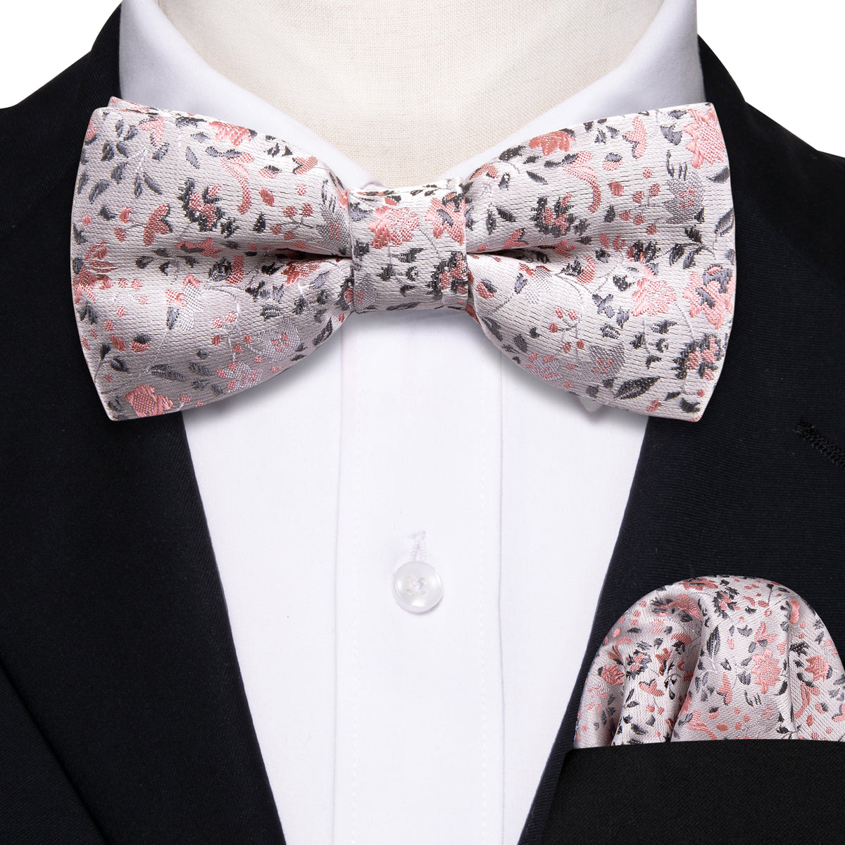 White Pink Floral Silk Children Bow Tie Set - GentCrest - View 2