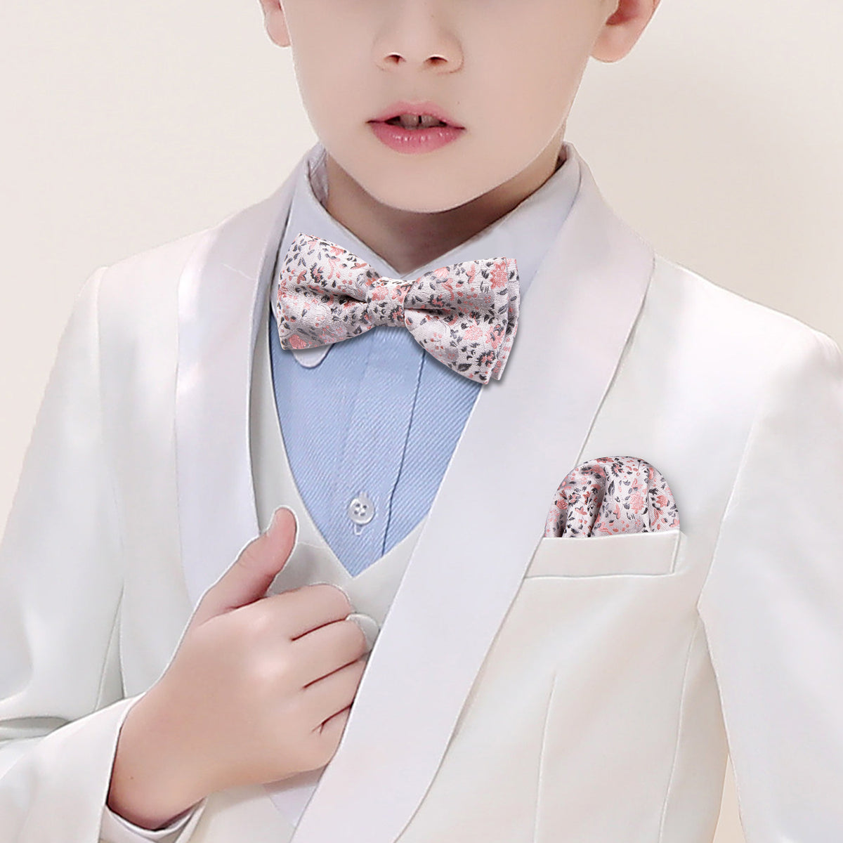 White Pink Floral Silk Children Bow Tie Set - GentCrest