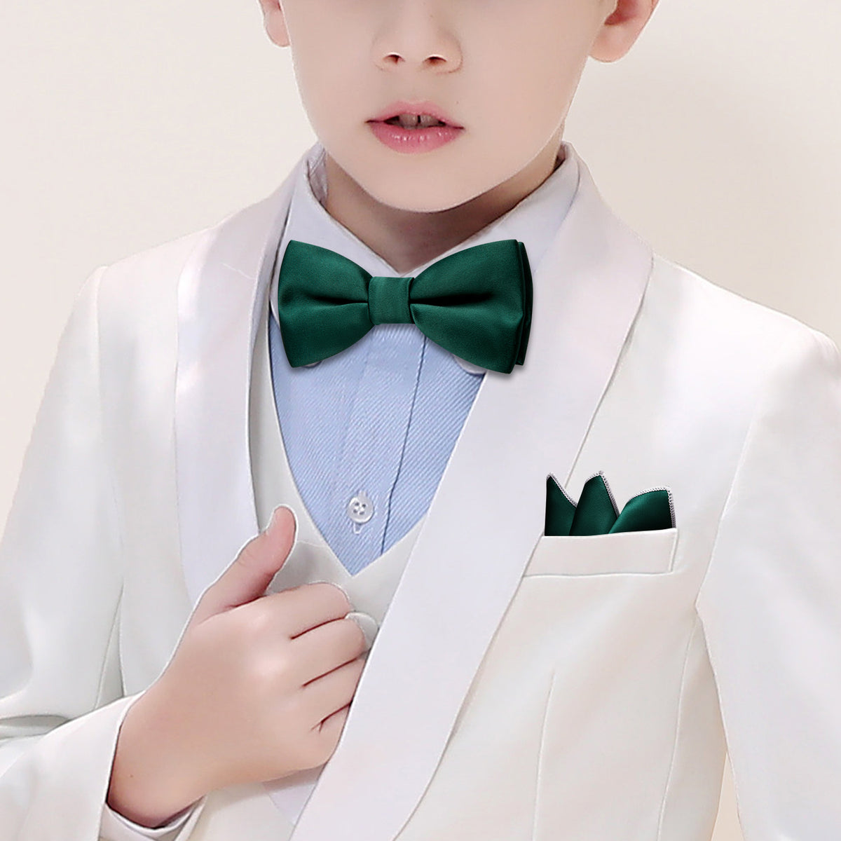 Green Solid Children Bow Tie Set - GentCrest