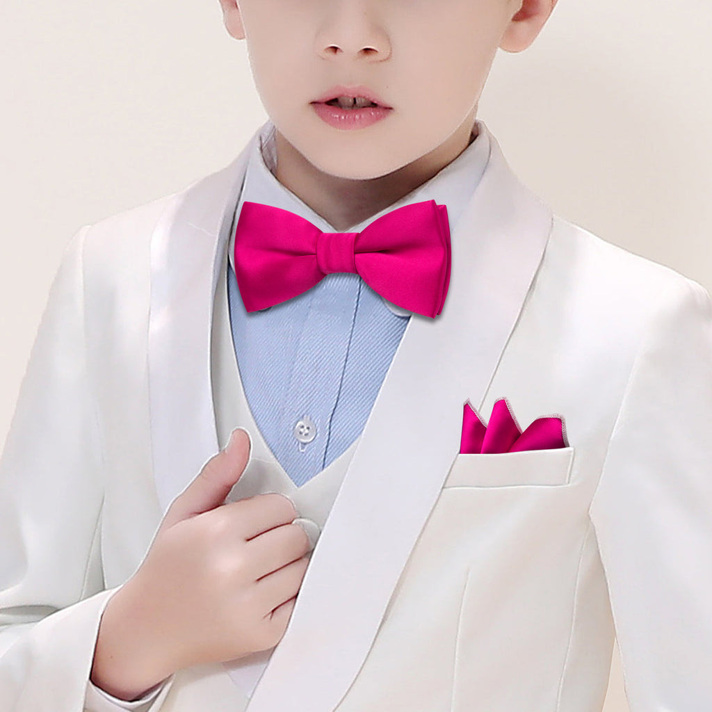 Rose Red Solid Silk Children Bow Tie Set - GentCrest