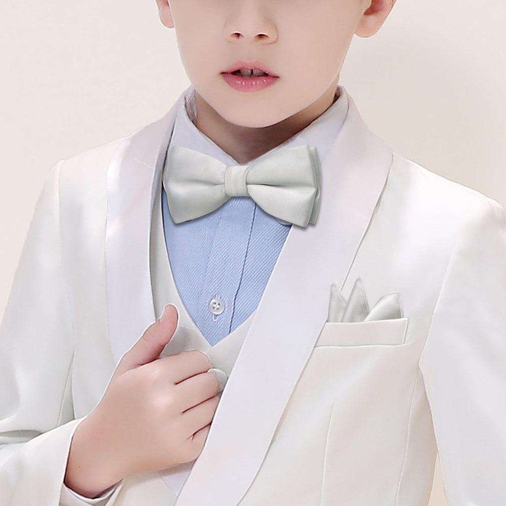 Grey White Solid Kids Bow Tie Set - GentCrest