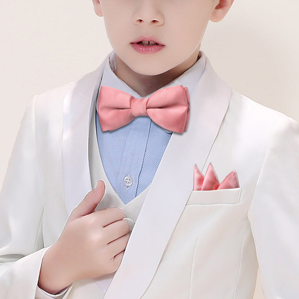 Light Coral Solid Kids Bow Tie Set - GentCrest