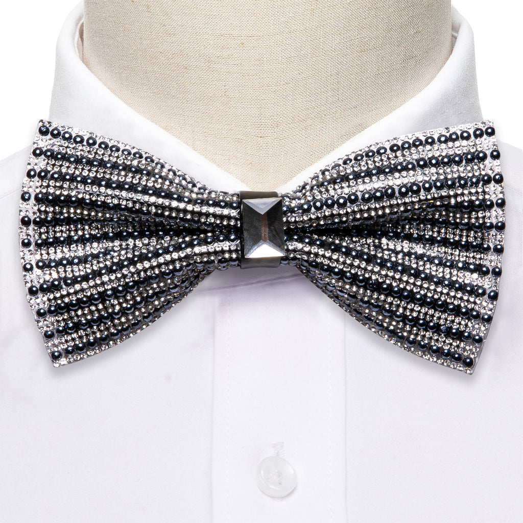 Black White Shining Rhinestones Wedding Bow Tie Set - GentCrest - View 3