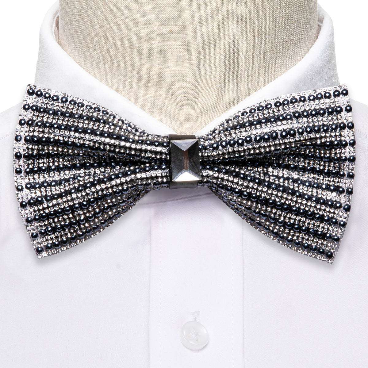 Black White Shining Rhinestones Wedding Bow Tie Set - GentCrest - View 3