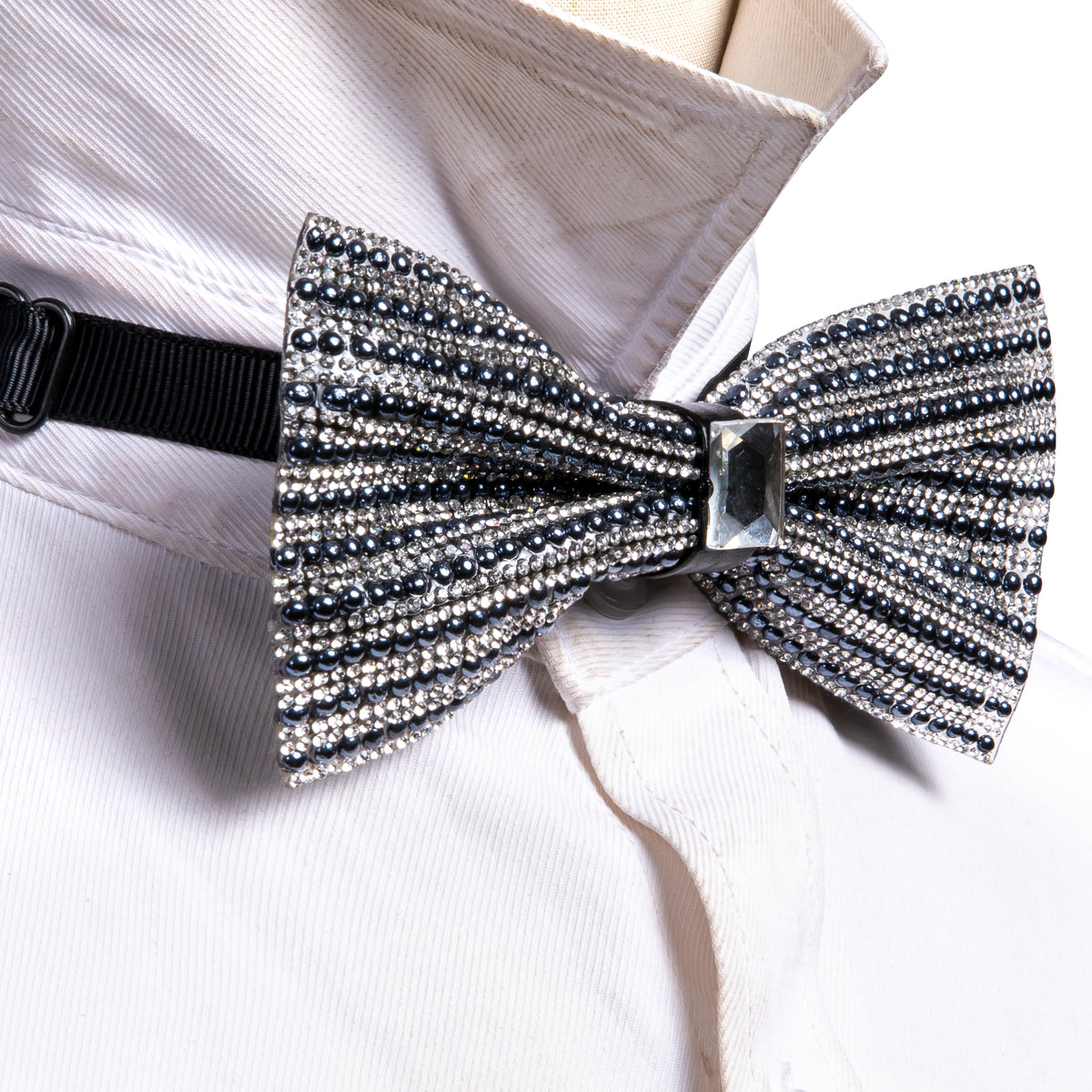 Black White Shining Rhinestones Wedding Bow Tie Set - GentCrest - View 4