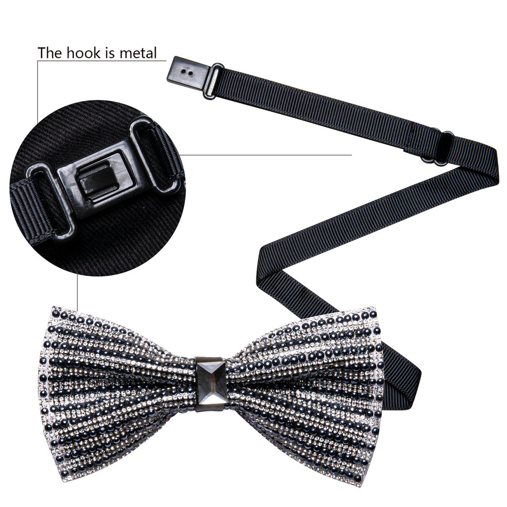 Black White Shining Rhinestones Wedding Bow Tie Set - GentCrest - View 5