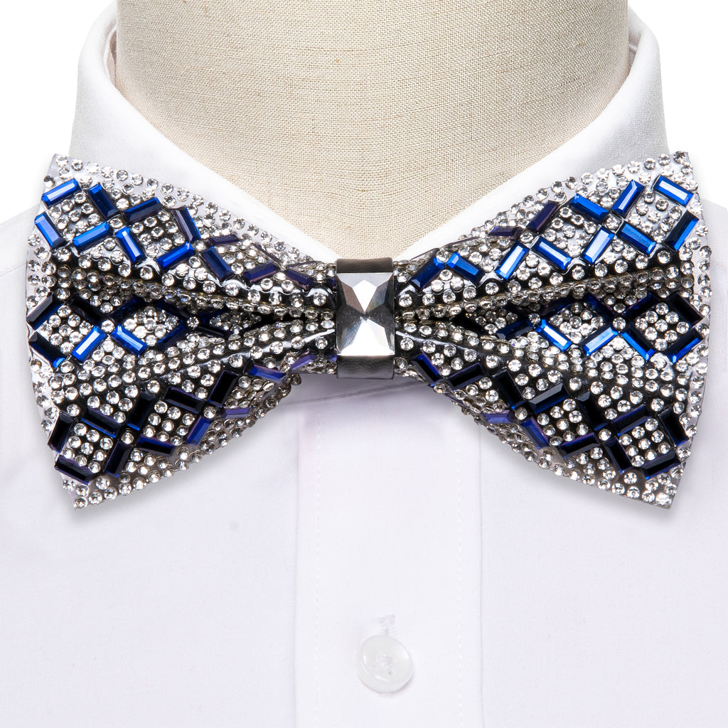 Shining Blue White Plaid Rhinestones Bow Tie Set - GentCrest - View 3