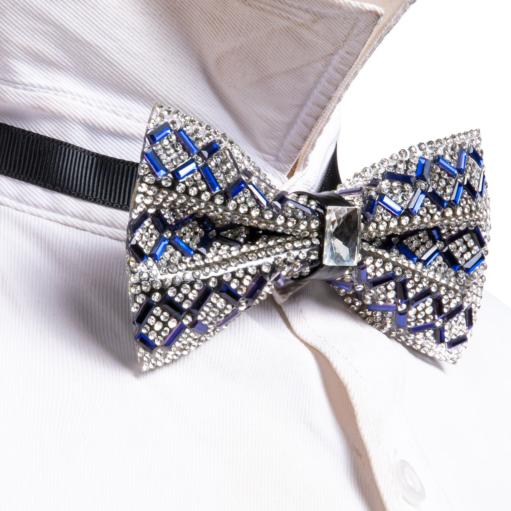 Shining Blue White Plaid Rhinestones Bow Tie Set - GentCrest - View 2