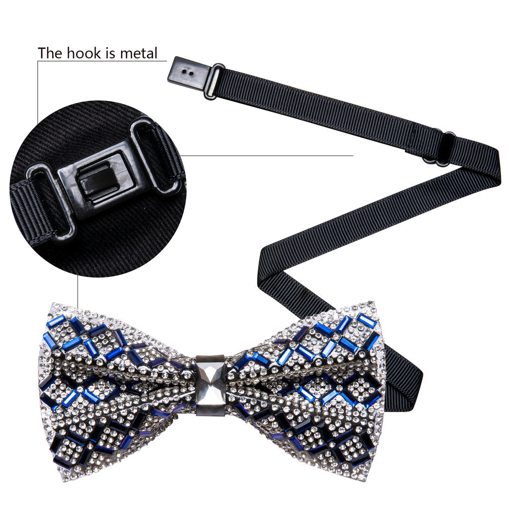 Shining Blue White Plaid Rhinestones Bow Tie Set - GentCrest - View 4