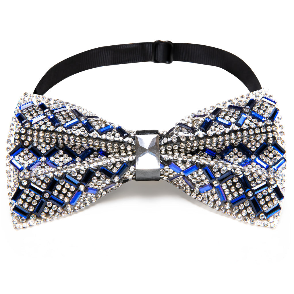 Shining Blue White Plaid Rhinestones Bow Tie Set - GentCrest - View 5