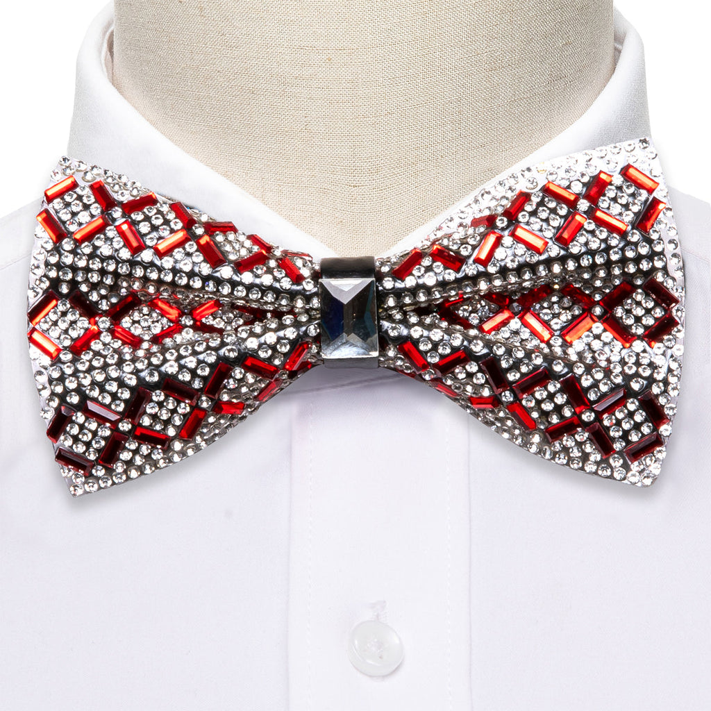 Shining Red White Plaid Rhinestones Bow Tie Set - GentCrest - View 2