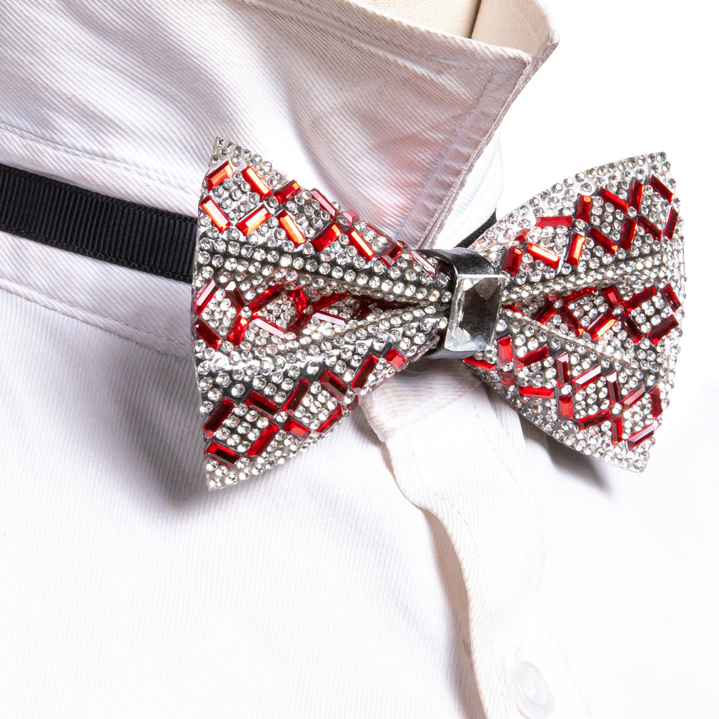 Shining Red White Plaid Rhinestones Bow Tie Set - GentCrest - View 3