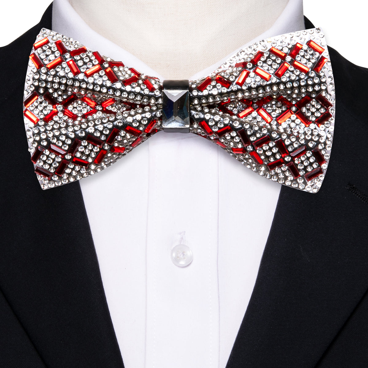 Shining Red White Plaid Rhinestones Bow Tie Set - GentCrest