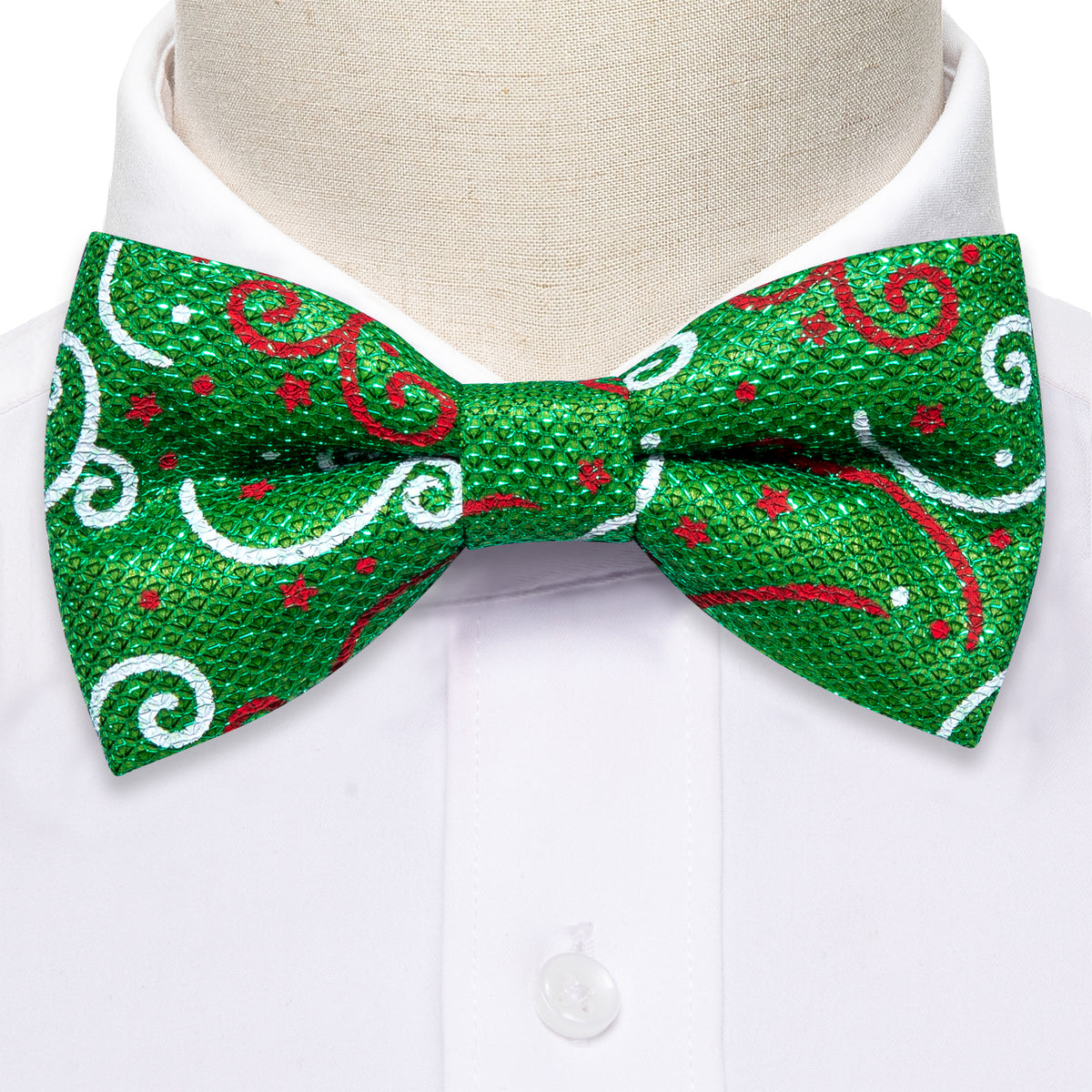 Green White Floral Silk Christmas Bow Tie Set - GentCrest - View 3