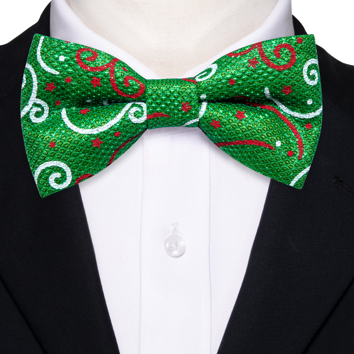 Green White Floral Silk Christmas Bow Tie Set - GentCrest