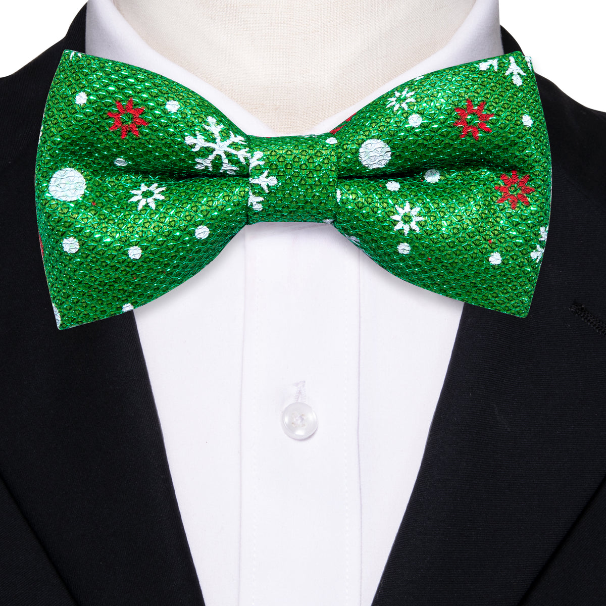 Green White Printed Christmas Element Bow Tie Set - GentCrest