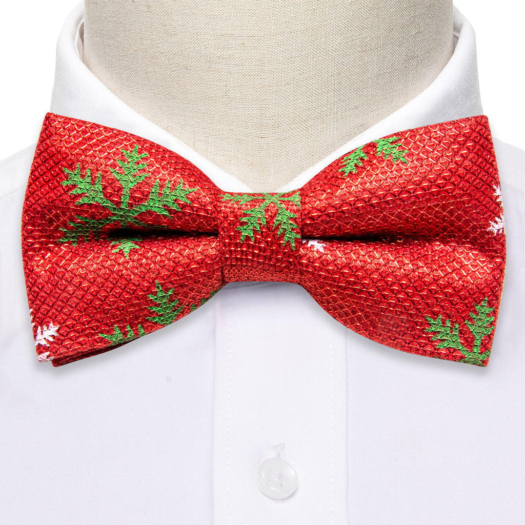 Bright Red Green Snowflake Silk Christmas Bow Tie Set - GentCrest - View 3
