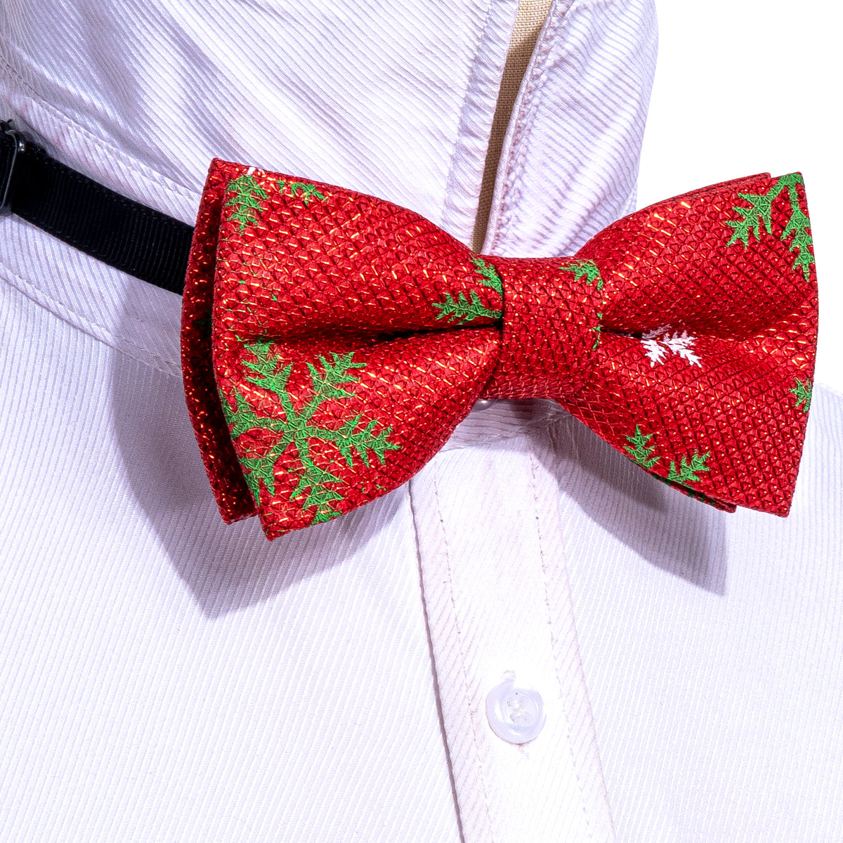 Bright Red Green Snowflake Silk Christmas Bow Tie Set - GentCrest - View 2