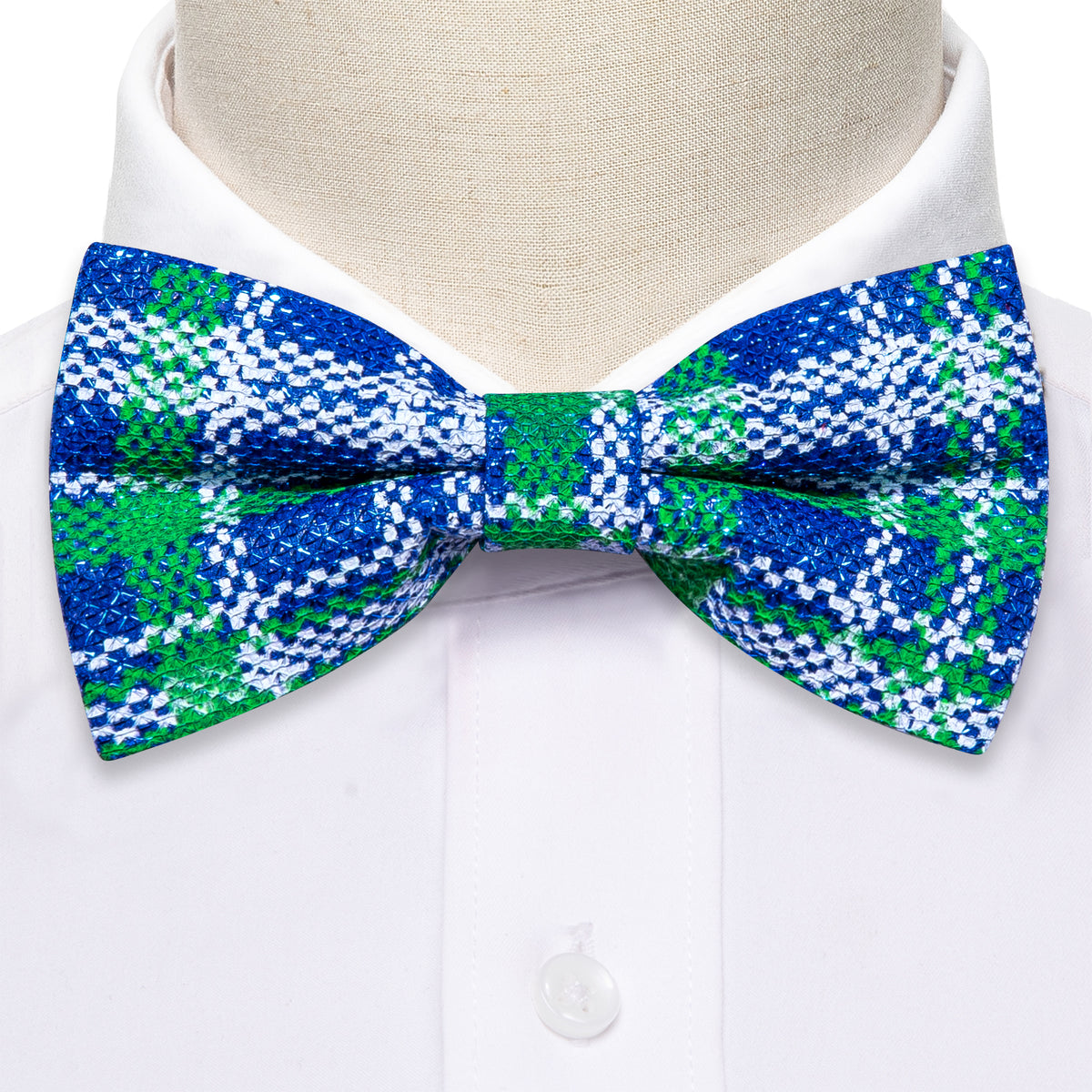 Blue Green Plaid Silk Christmas Bow Tie Set - GentCrest - View 3