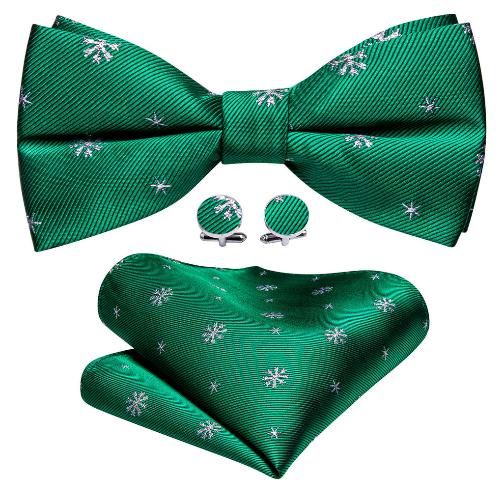 Green White Snowflake Silk Christmas Bow Tie Set - GentCrest - View 5