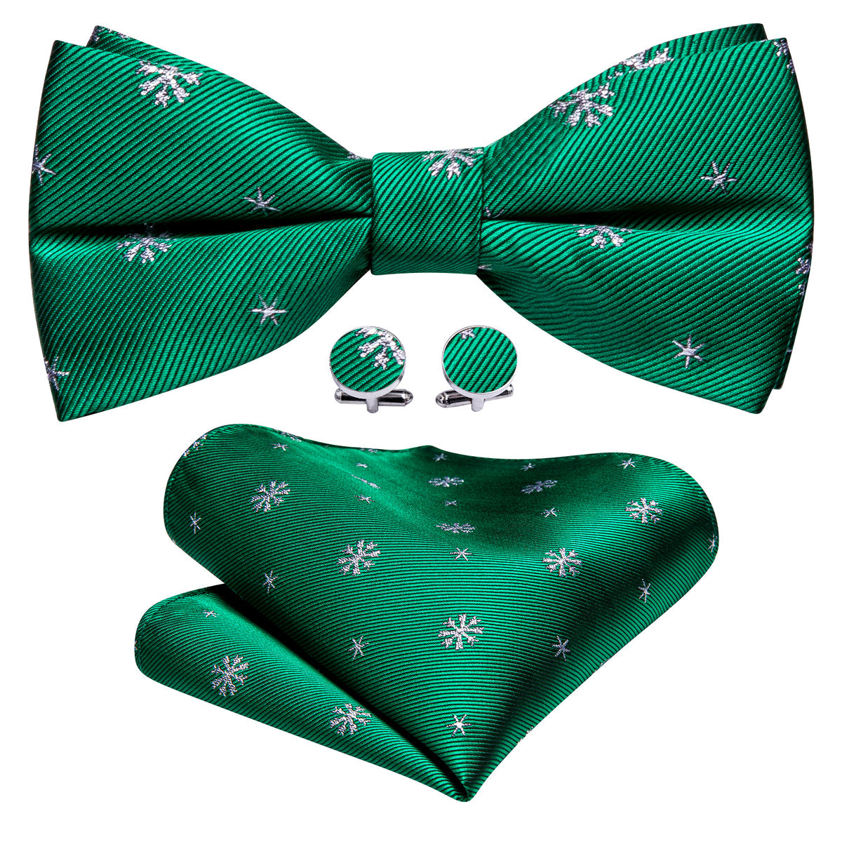 Green White Snowflake Silk Christmas Bow Tie Set - GentCrest - View 5