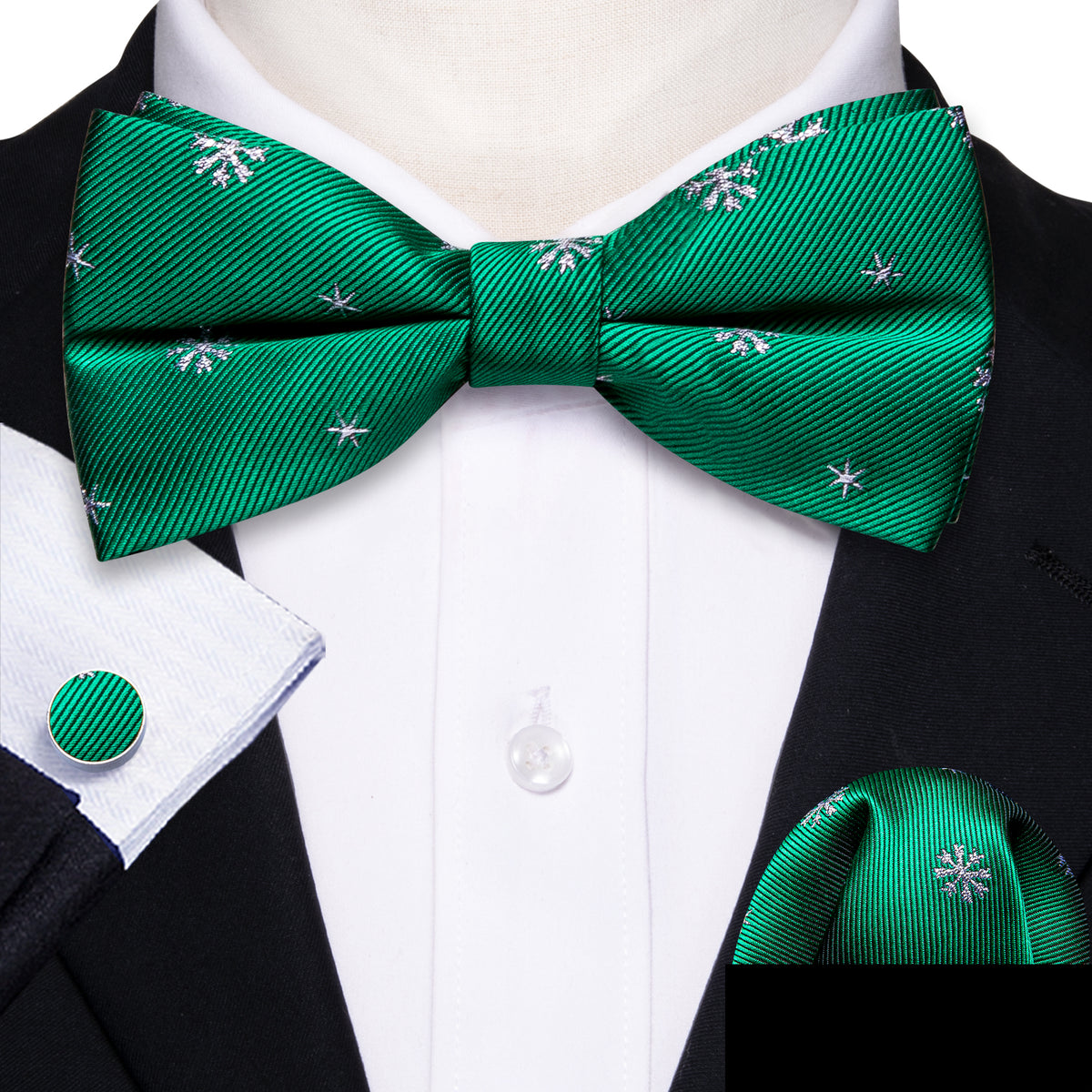 Green White Snowflake Silk Christmas Bow Tie Set - GentCrest