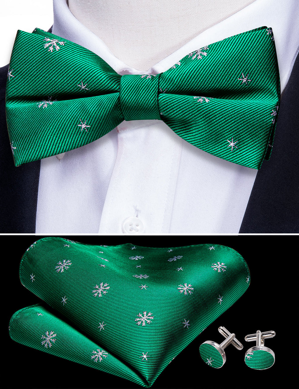 Green White Snowflake Silk Christmas Bow Tie Set - GentCrest - View 3
