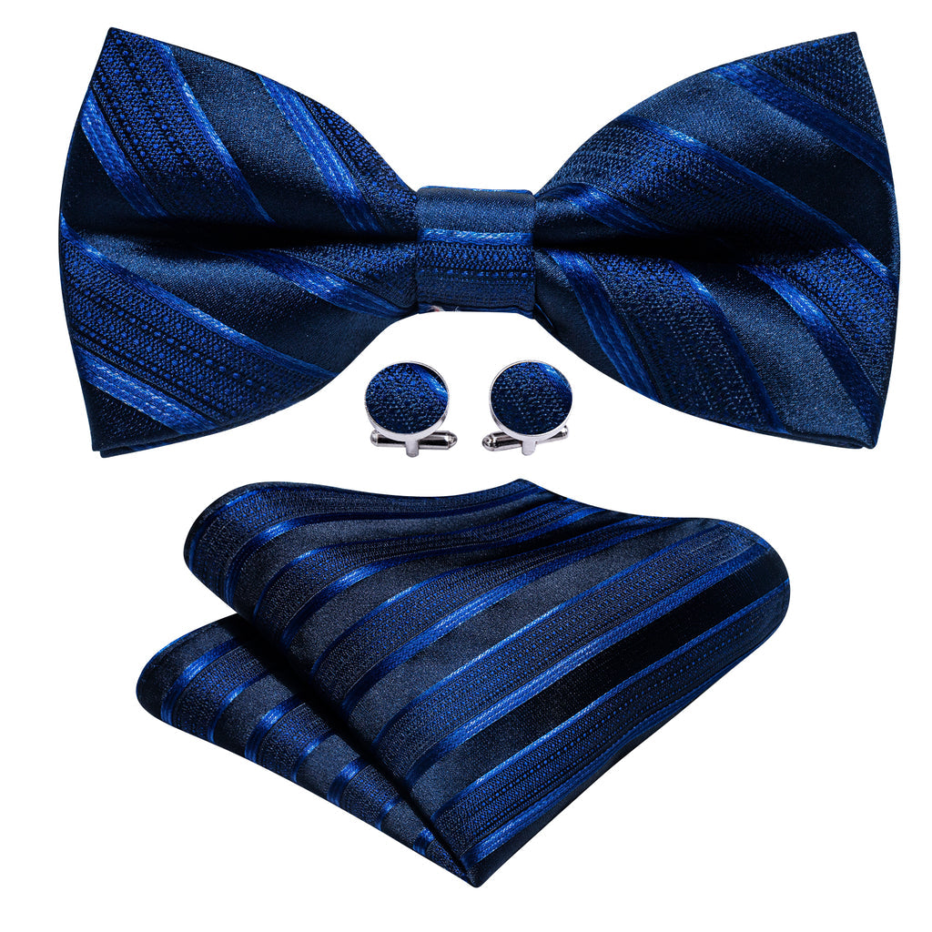 Blue Black Striped Bow Tie Set - GentCrest - View 4