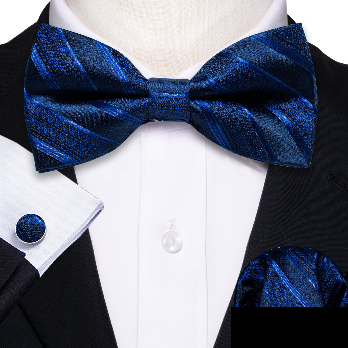Blue Black Striped Bow Tie Set - GentCrest