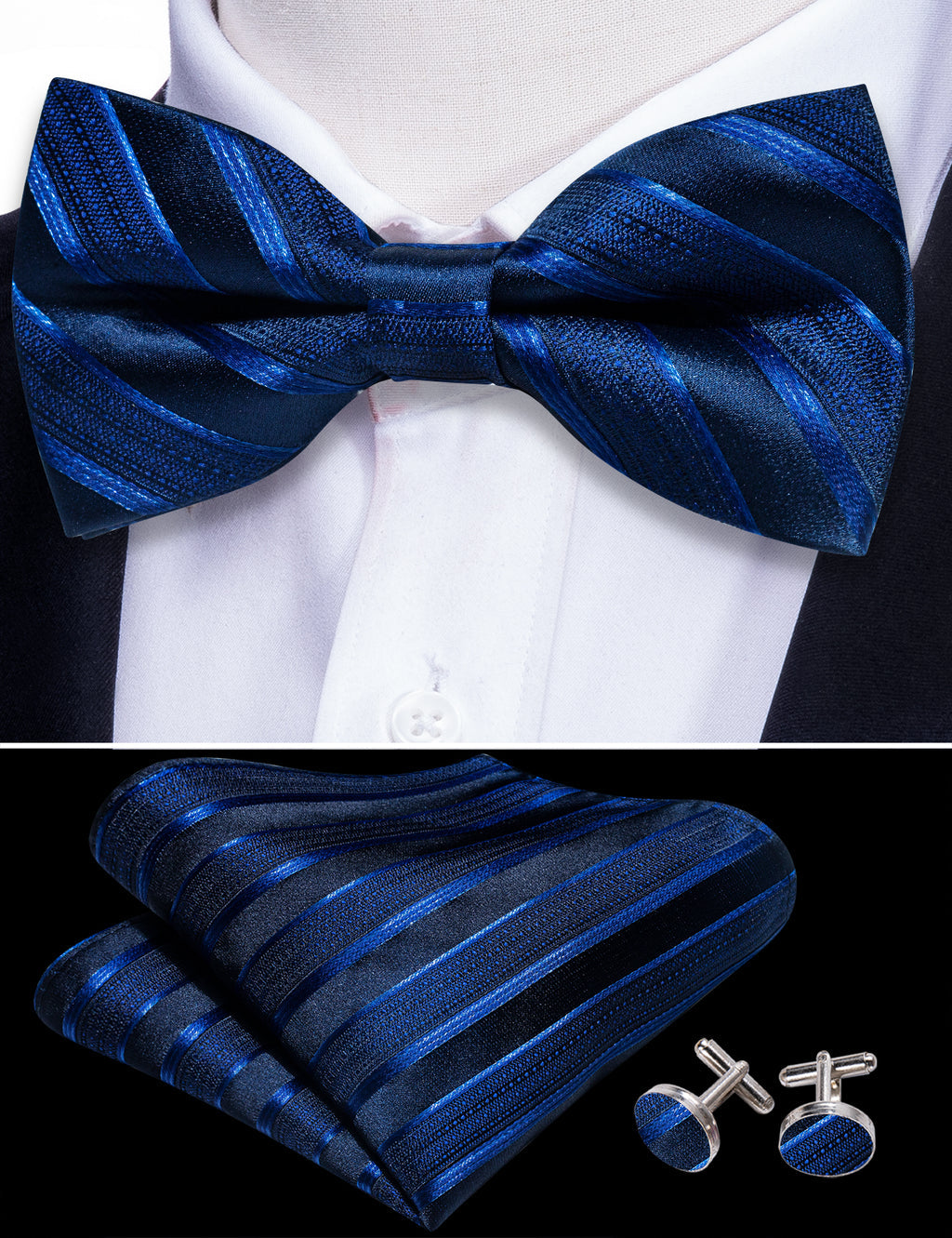 Blue Black Striped Bow Tie Set - GentCrest - View 3