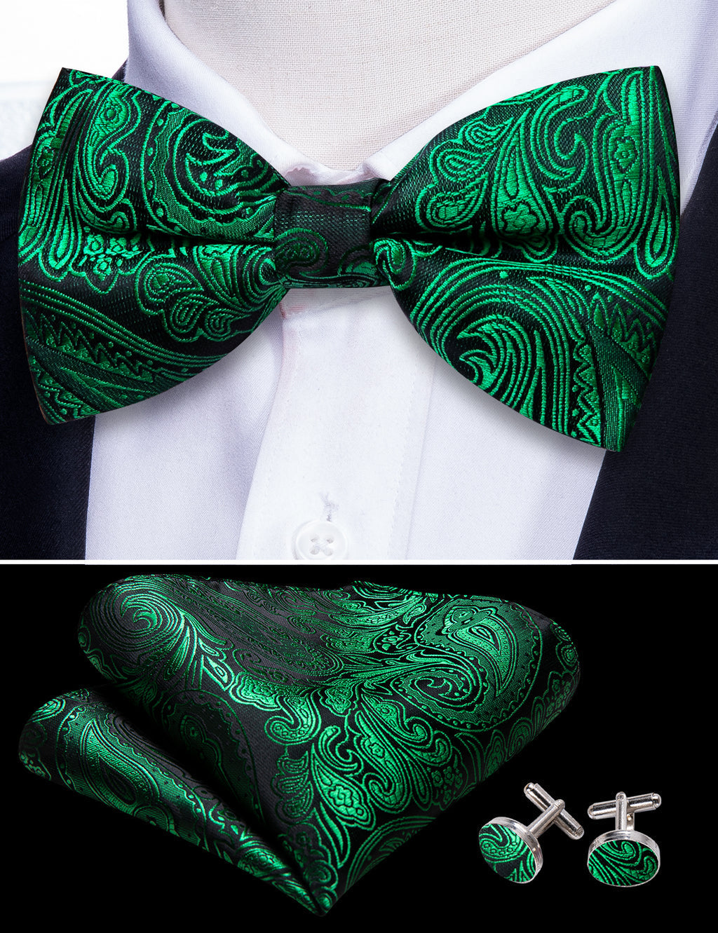 Green Paisley Bow Tie Set - GentCrest - View 4