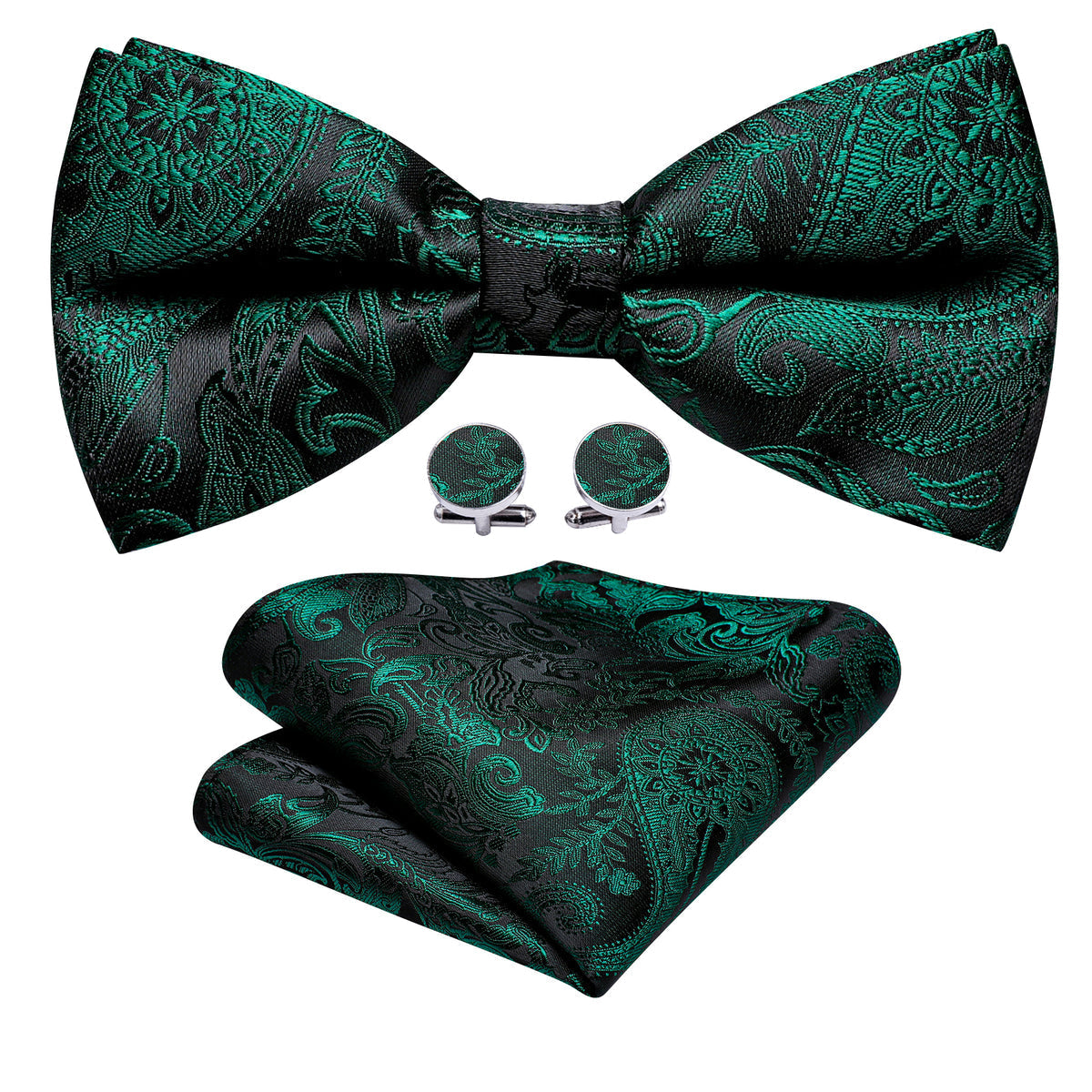 Green Black Paisley Bow Tie Set - GentCrest - View 5