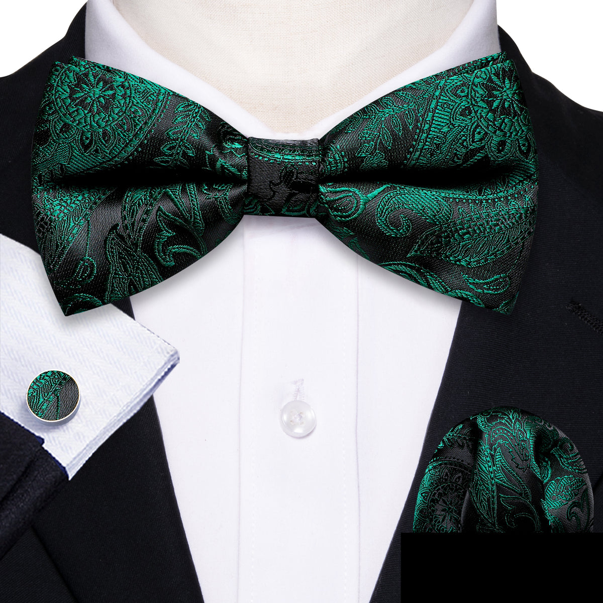 Green Black Paisley Bow Tie Set - GentCrest