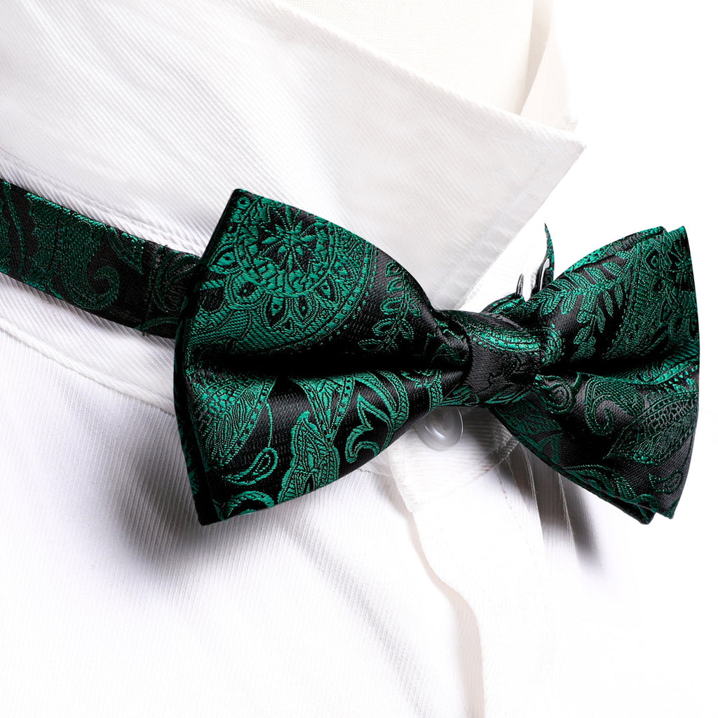 Green Black Paisley Bow Tie Set - GentCrest - View 2