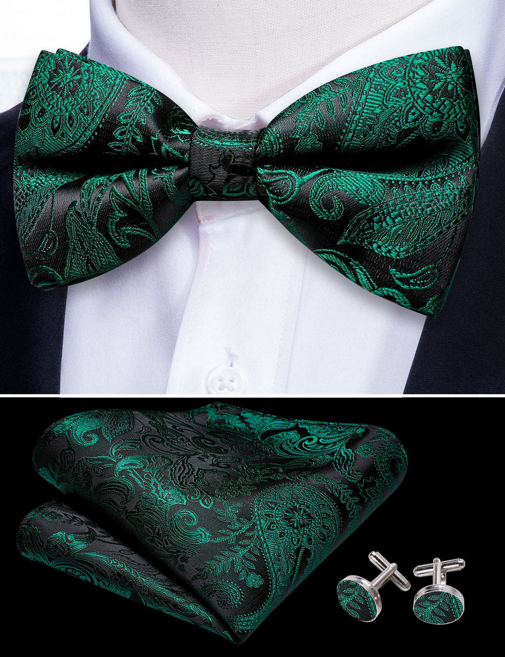 Green Black Paisley Bow Tie Set - GentCrest - View 4