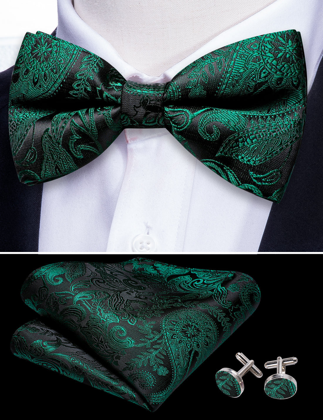 Green Black Paisley Bow Tie Set - GentCrest - View 4