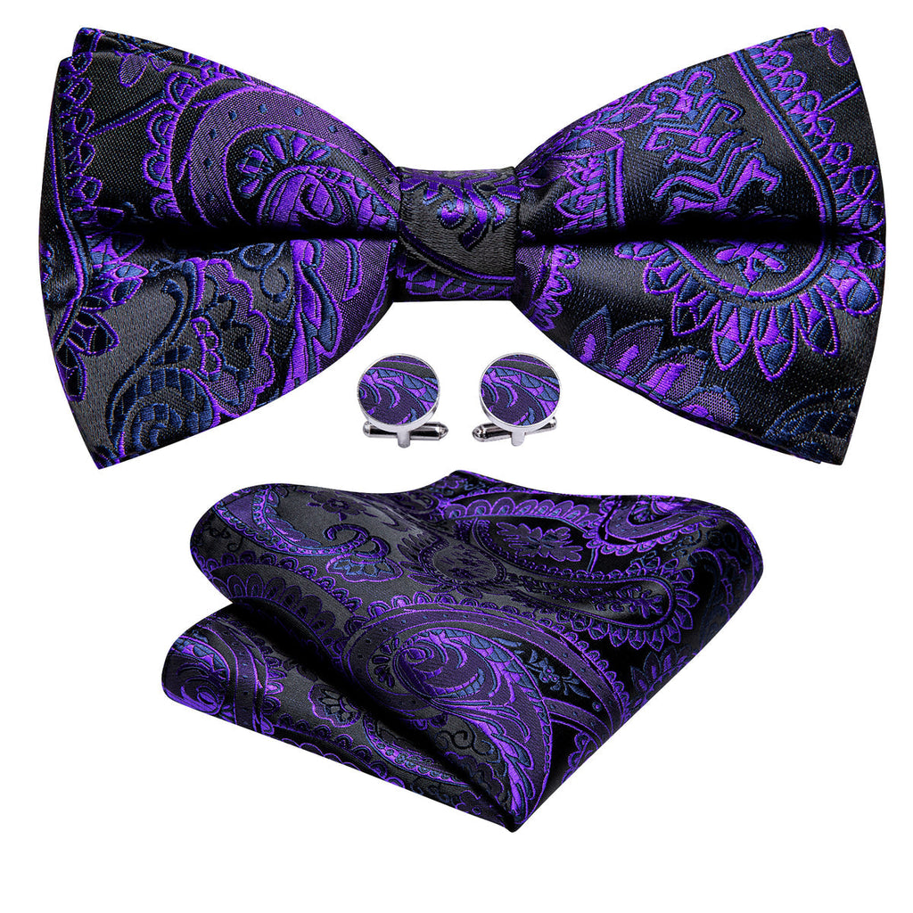 Purple Black Paisley Bow Tie Set - GentCrest - View 5