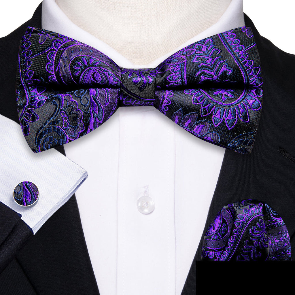 Purple Black Paisley Bow Tie Set - GentCrest