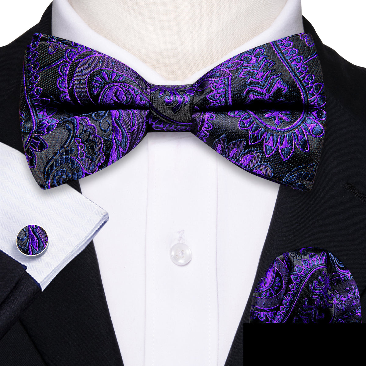 Purple Black Paisley Bow Tie Set - GentCrest